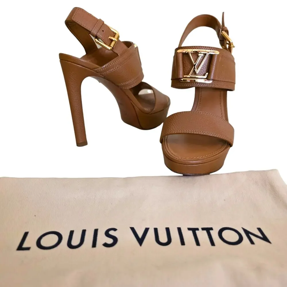 Louis Vuitton Platform Brown Leather Heel Sandals Logo Horizon IT 36.5 US 6.5